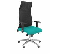 Sillón Albacete con mecanismo Sincro tapizada con Tela color Turquesa y malla color Negro. Equipado con Base aluminio, Brazos 1D y Ruedas de parqué