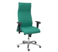 Sillón Albacete con mecanismo Sincro tapizada con Tela color Verde esmeralda. Equipado con Base aluminio, Brazos 1D y Ruedas de parqué