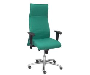 Sillón Albacete con mecanismo Sincro tapizada con Tela color Verde esmeralda. Equipado con Base aluminio, Brazos 1D y Ruedas de parqué