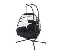 Sillón colgante de 2 plazas FARO Resina Ratán Negro | Hamaca columpio de pie, cojín grande y reposacabezas desenfundables: capullo de relajación en dúo.