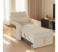 Sillón convertible 3 en 1, silla para dormir con función de cama, sofá cama extensible con mesas de té plegables, sofá cama individual, sillón ajustable con cojín (beis, 190 x 108 x 86 cm)