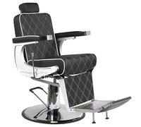 Sillón de barbero Paris tapizado en Negro con Costura Blanca en Forma de Rombos. Silla de barbería reclinable, Regulable en Altura y con Freno. Cabezal Extraible y reposapiés abatible