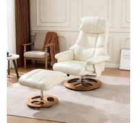 Sillón de relax premium con masaje y calor, giratorio 360°, función reclinable, incluye taburete, tejido de poliuretano blanco