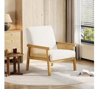 Sillón decorativo moderno de mediados de siglo, de forro polar sherpa, con patas de madera resistentes, cojín de asiento grueso y decoración de ratán sintético, para dormitorio y sala de lectura