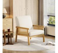 Sillón decorativo moderno de mediados de siglo, tapizado en tela con aspecto de lino, patas de madera resistentes, cojín grueso y decoración de ratán sintético, ideal para dormitorio y sala de lectura