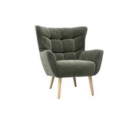 Sillón escandinavo de tela efecto terciopelo verde caqui y madera clara AVERY