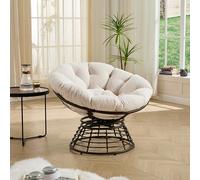Sillón Giratorio de Ratán PE, Salón y Jardín, Marrón y Blanco, 92x67 cm