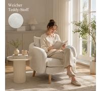 Sillón individual de terciopelo Teddy color crema, sillón de ocio con patas de madera y cojín extraíble, adecuado para , , dormitorio