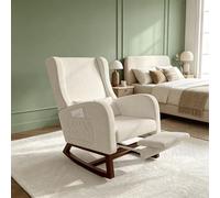 Sillón Mecedora con Reposapiés Extensible y Cojín, Butaca Mecedora Tapizada en Tejido de Terciopelo Suave con Bolsillos Laterales, Silla Relax con Patas de Madera para Salón y Dormitorio, Beige