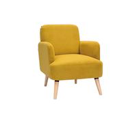 Sillón nórdico de tejido efecto aterciopelado texturizado amarillo mostaza y madera ISKO