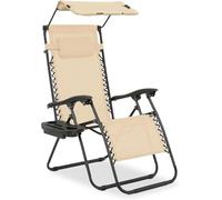 Sillón Reclinable De Gravedad Cero con Toldo, Tumbona Plegable para Exteriores, Ideal para La Playa Y El Camping, Incluye Portavasos Y Reposacabezas, Cómodo Mueble De Patio. Cream