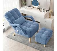 Sillón reclinable moderno azul con mesa otomana suave, sillón tapizado para sala de estar, asiento con patas de madera