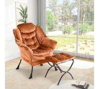 Sillón reclinable moderno con reposapiés - Silla de lectura y descanso - Tapizado en terciopelo naranja - Bolsillo lateral y reposabrazos - Ideal sala, dormitorio, oficina - Dutch Suave Orange HLR-43