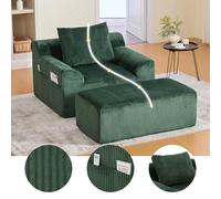 Sillón Sofá Individual de Pana Incluye Reposapiés,Asiento Profundo Acolchado con Bolsillos Laterales y Cojín,Sillón Lectura sin Montaje,para Salón Dormitorio u Oficina,Verde Esmeralda,147x110x67cm