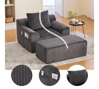 Sillón Sofá Individual de Pana Incluye Reposapiés, Asiento Profundo Acolchado con Bolsillos Laterales y Cojín, Sillón Lectura sin Montaje, para Salón Dormitorio u Oficina, Gris Oscuro, 147x110x67cm