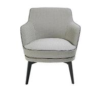 Sillón tapizado en tela con estampado pata de gallo y ribetes negros. Parte trasera tapizada en polipiel marrón oscuro. Estructura de patas en acero pintado en color negro.