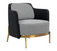Sillón VENICE, tejido pata de gallo blanco y negro, ecopiel negra - base dorada