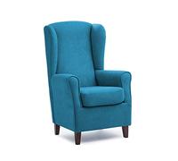 Sillonea- Sillón Torre Eiffel, Ideal para Personas Altas, con Respaldo Alto DE 70 cm. Butaca orejera para salón. Sillón orejero Individual 75x85x115 cm. Tela Antimanchas. (Azul, Nogal)