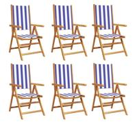 Sillones plegables reclinables 6 piezas tela azul y blanco madera maciza | Madera de acacia maciza, respaldo reclinable, plegable compacto, apoyabrazos plano, 110 kg por asiento, jardín patio balcón
