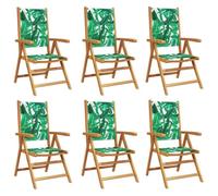 Sillones plegables reclinables 6 piezas tela verde madera maciza acacia | Silla de jardín plegable, reposabrazos de madera, respaldo ajustable, carga 110 kg, patio, balcón
