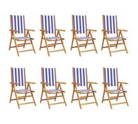 Sillones plegables reclinables 8 piezas tela azul y blanco madera maciza | Respaldo ajustable, reposabrazos de madera, plegable compacto, carga máxima 110 kg, jardín patio balcón