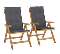 Sillones plegables reclinables con cojines, 2 piezas, madera de teca maciza | Respaldo ajustable 6 posiciones, asiento con listones, reposabrazos curvados, función plegable, cojín deslizante