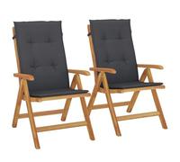Sillones plegables reclinables con cojines, 2 piezas, madera de teca maciza | Respaldo ajustable 6 posiciones, plegable, asiento con listones, reposabrazos curvados, cojín deslizante