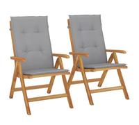 Sillones plegables reclinables con cojines, 2 piezas, madera maciza de teca | Respaldo ajustable 6 posiciones, función plegable, asiento con listones, cojín deslizante, correa elástica, máximo 110 kg por