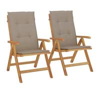 Sillones plegables reclinables con cojines, 2 piezas, madera maciza de teca | Respaldo ajustable 6 posiciones, plegable, asiento con listones, reposabrazos curvados, máximo 110 kg por asiento