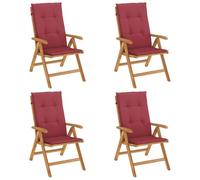 Sillones plegables reclinables con cojines, 4 piezas, madera de teca maciza | Respaldo de 6 posiciones, función plegable, asiento con listones, cojín deslizante, máx 110 kg por asiento