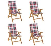 Sillones plegables reclinables con cojines, 4 piezas, madera de teca | Respaldo ajustable 6 posiciones, plegable, asiento con listones, reposabrazos curvados, cojín deslizante, máx 110 kg