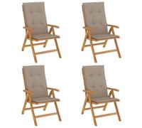Sillones plegables reclinables con cojines, 4 piezas, madera de teca | Respaldo ajustable de 6 posiciones, función plegable, asiento con listones, cojines deslizantes, max 110 kg por asiento