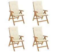 Sillones plegables reclinables con cojines, 4 piezas, madera maciza de teca | Respaldo ajustable de 6 posiciones, función plegable, asiento con listones, reposabrazos curvados, máximo 110 kg por asiento