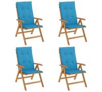 Sillones plegables reclinables con cojines, 4 piezas, madera maciza de teca | Respaldo de 6 posiciones, función plegable, asiento con listones, cojín deslizante, máx 110 kg por asiento
