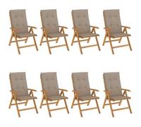 Sillones plegables reclinables con cojines, 8 piezas, madera de teca | Juego de 8 sillas, madera de teca maciza, respaldo 6 posiciones, plegable, cojín deslizante, máx 110 kg