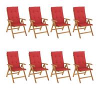 Sillones plegables reclinables con cojines, 8 piezas, madera de teca maciza | Respaldo de 6 posiciones, plegable, asiento con listones, reposabrazos curvados, cojín deslizante, teca maciza, máx 110 kg