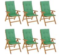 Sillones plegables reclinables de madera de teca maciza con cojines, 6 | Respaldo ajustable de 6 posiciones, plegable, asiento con listones, reposabrazos curvados, máx 110 kg por asiento