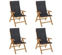 Sillones plegables reclinables de teca maciza, 4 piezas con cojines | Respaldo ajustable 6 posiciones, plegable, asiento con listones, reposabrazos curvados, cojín deslizante, máx 110 kg