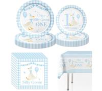 Silly Goose Juego de vajilla de fiesta, decoración de cumpleaños para 10 invitados, decoración de fiesta, vajilla de cartón, juego de accesorios para fiestas, platos de fiesta, manteles (azul)