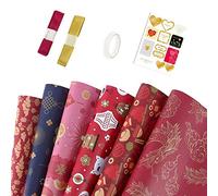 Silriku Juego de 6 hojas de papel de regalo con cintas, festival de primavera, Año Nuevo Chino, regalo de bricolaje, papel de regalo rojo, 70 cm x 50 cm