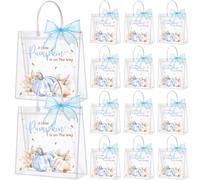 SilTriangle 24 bolsas de regalo para baby shower con diseño de calabaza pequeña con texto en inglés "A Little Pumpkin Is on the Way", bolsas transparentes con cinta azul, temática de otoño, revelación