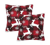 Silueta De Alce Búfalo A Cuadros Rojos Y Negros Juego De 2 Fundas Cojines Transpirable Throw Pillow Case Elegantes Funda De Colchón para Hogar Sillas Jardín 45X45Cm