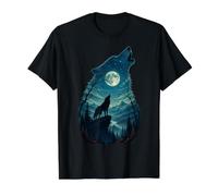 Silueta de Bosque de Lobos iluminados por la Luna Lobos Celestiales Arte Camiseta gráfica económica, Hombre, Negro, S