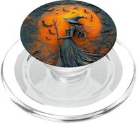 Silueta de Bruja con Luna Llena y murciélagos - Halloween PopSockets PopGrip para MagSafe