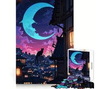 Silueta de Gato Nocturno en un Pueblo japonés Rompecabezas de 1000 Piezas para Adultos Juguete para ejercitar la Mente Tiempo Libre Diseño nítido Regalo increíble (38x52cm)