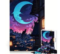 Silueta de Gato Nocturno en un Pueblo japonés Rompecabezas difícil para Adultos, 1000 Piezas Mejora la Memoria Juego Relajante Corte de Primera Calidad (38x26cm)