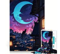 Silueta de Gato Nocturno en un Pueblo japonés Rompecabezas difícil para Adultos, 1000 Piezas Mejora la Memoria Juego Relajante Corte de Primera Calidad (38x26cm)
