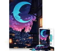 Silueta de Gato Nocturno en un Pueblo japonés Rompecabezas para Adultos 1000 Piezas Recall Upgrade Peaceful Time Tight Cut Santa Wish List (50x75cm)