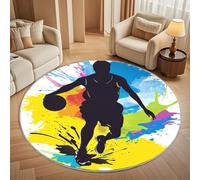 Silueta de Jugador de Baloncesto Alfombra Redonda para Salón 100 cm, Grafiti de Colores Alfombra Redonda Antideslizante de Pelo Corto Lavable a máquina para Pasillo y Dormitorio Cojines Decorativos