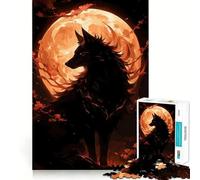 Silueta de Lobo contra Luna Naranja Rompecabezas de 1000 Piezas para Adultos Juego Que estimula la Mente Superficie Lisa y sin Rebabas Un pasatiempo Fascinante para los Momentos de Ocio (38x52cm)